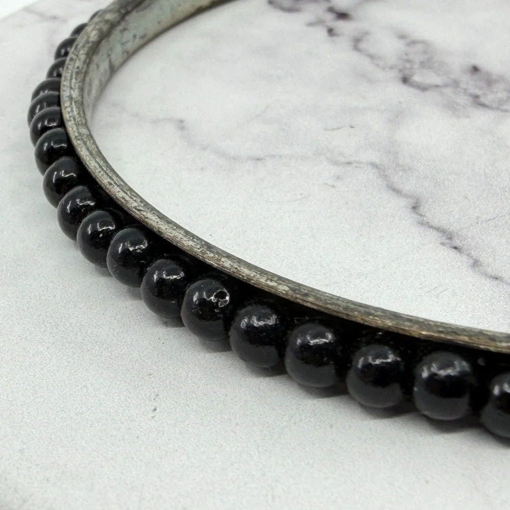 Y2K Black Bead Bangle Bracelet Slim Silver Tone Stackable Minimalist Jewelry
